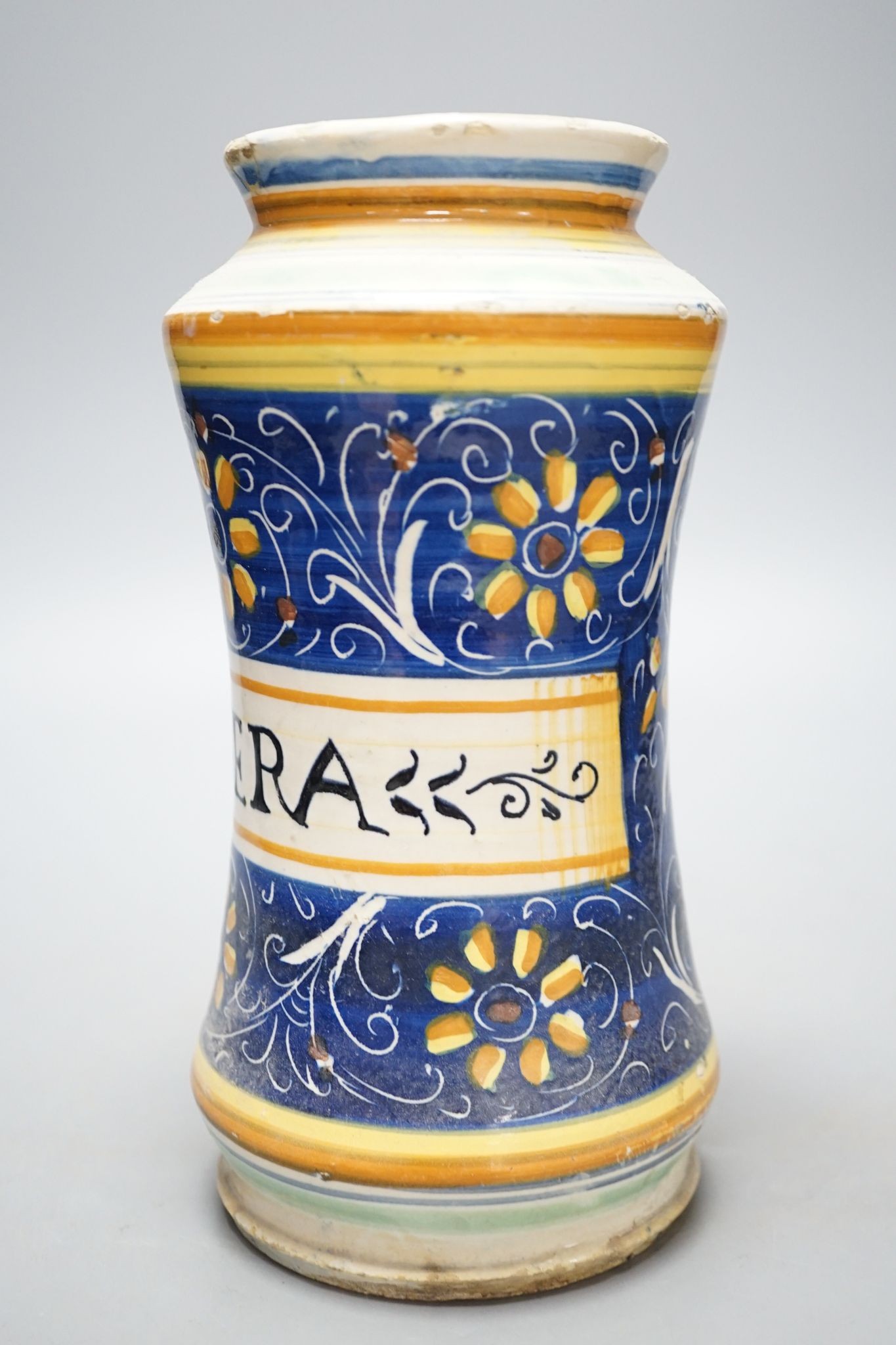 An 18th/ 19th century Italian maiolica ‘GOMEDERA’ albarello, 22.5cm
